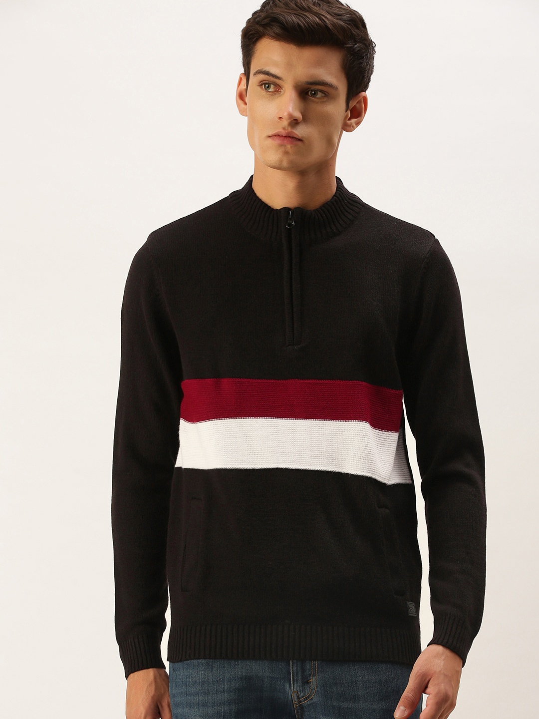 

Flying Machine Men Black & White Colourblocked Pullover Sweater