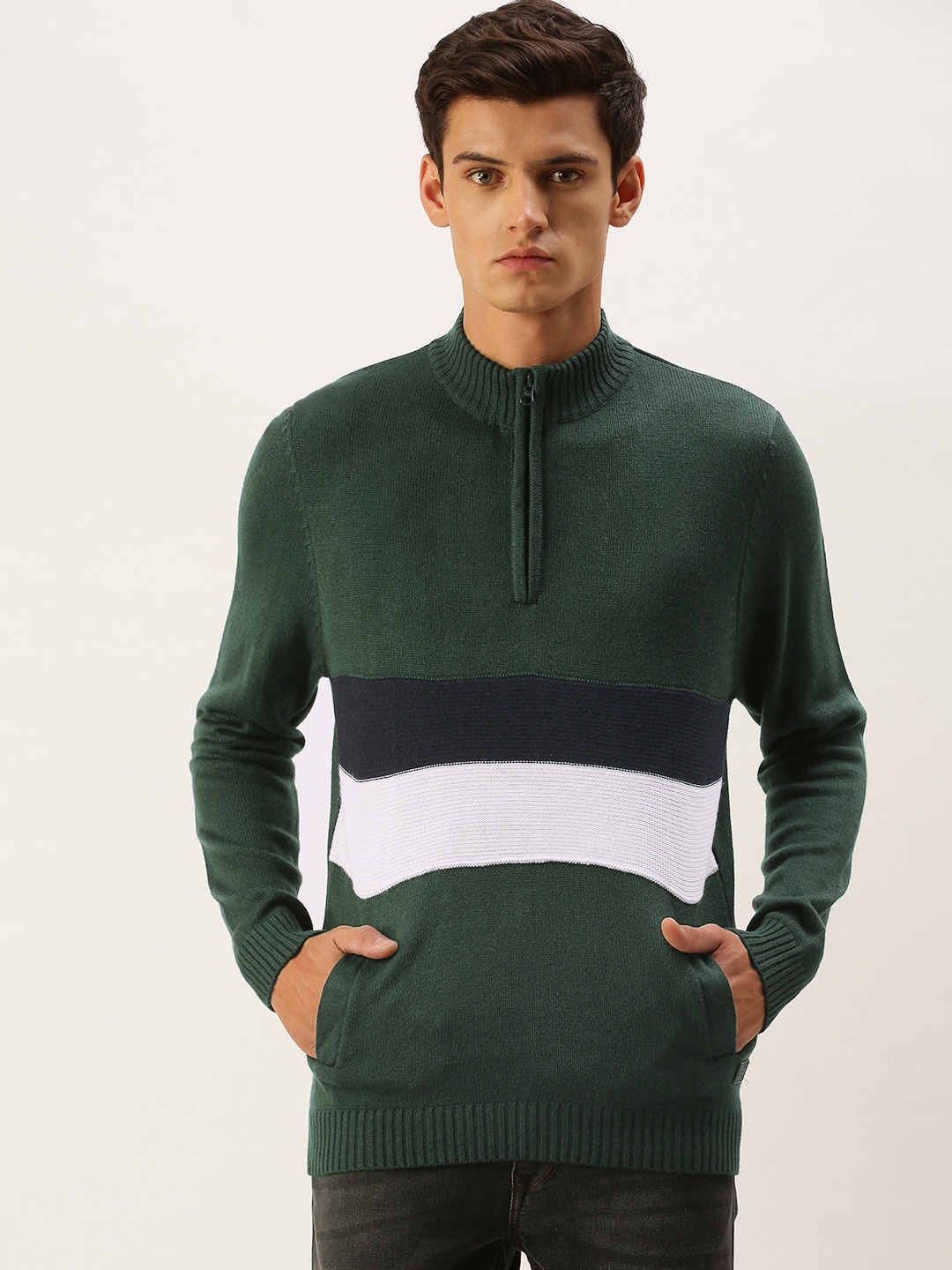

Flying Machine Men Green & White Colourblocked Acrylic Pullover Sweater