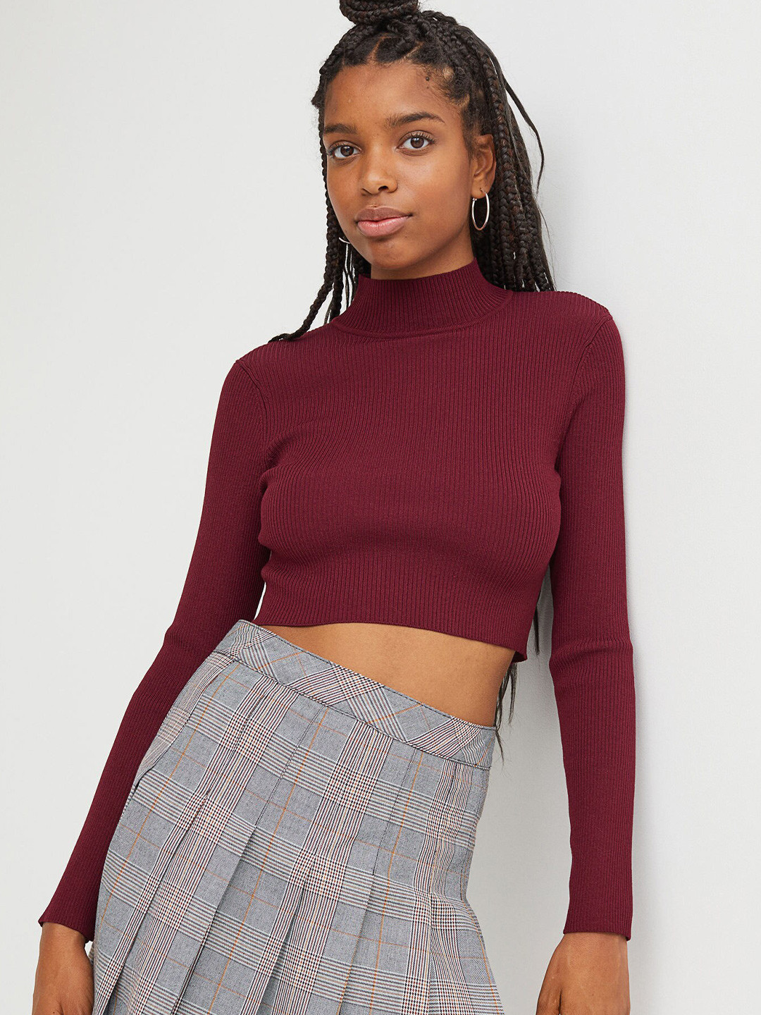 

H&M Women Maroon Solid Knitted Cropped Top
