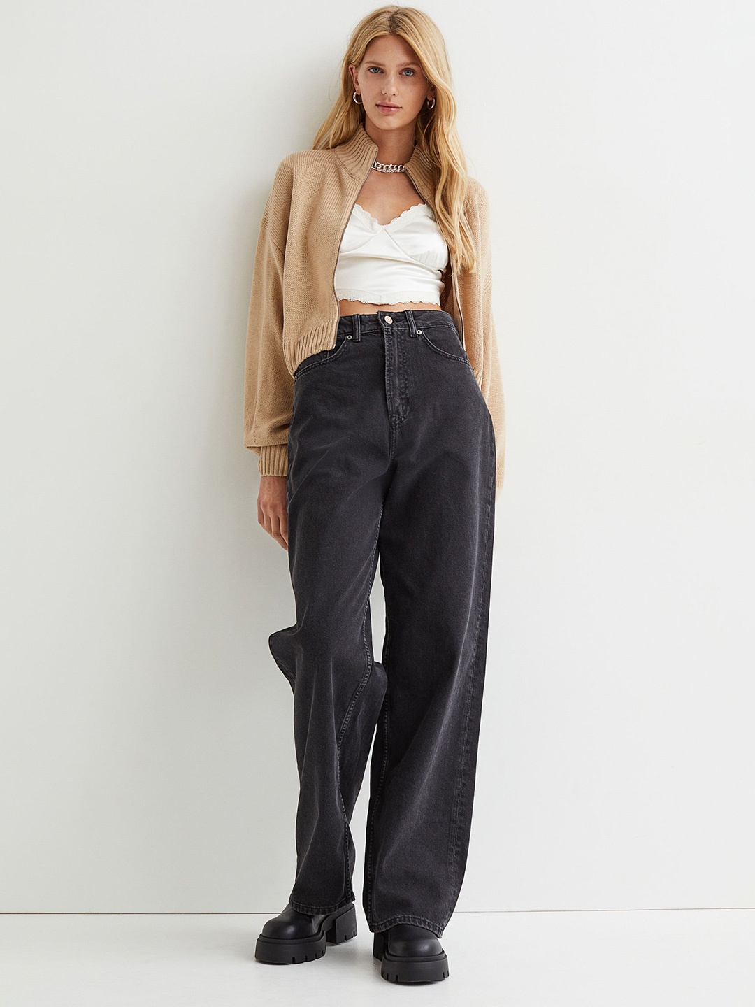 

H&M Women Beige Acrylic Zip-Up Jumper