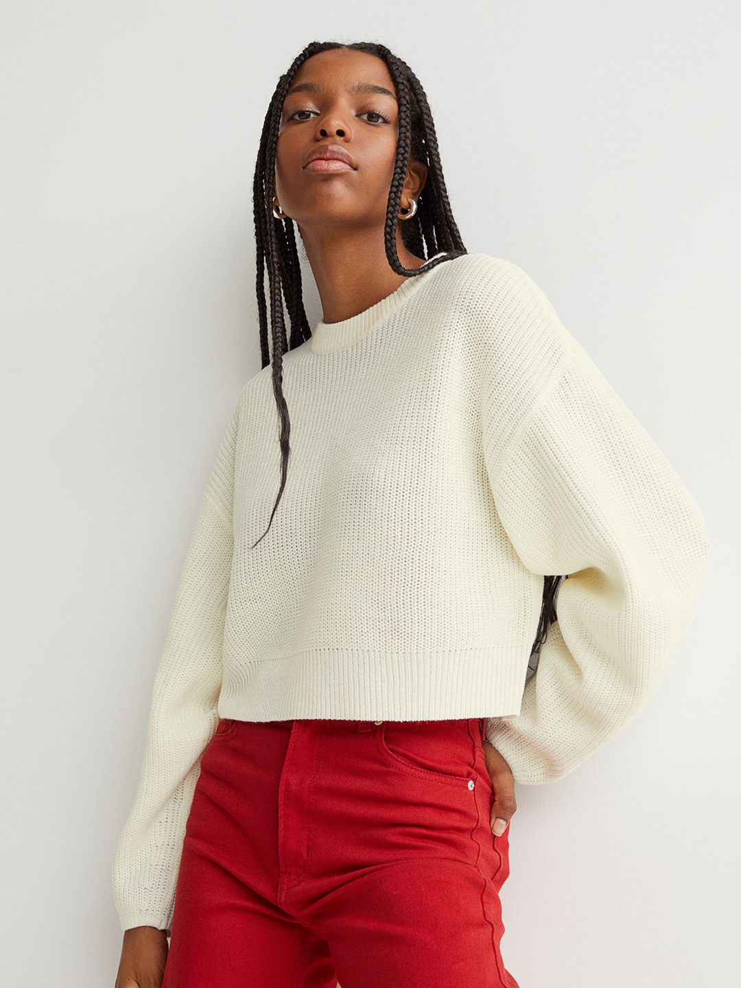 

H&M Women White Acrylic Rib-Knit Jumper