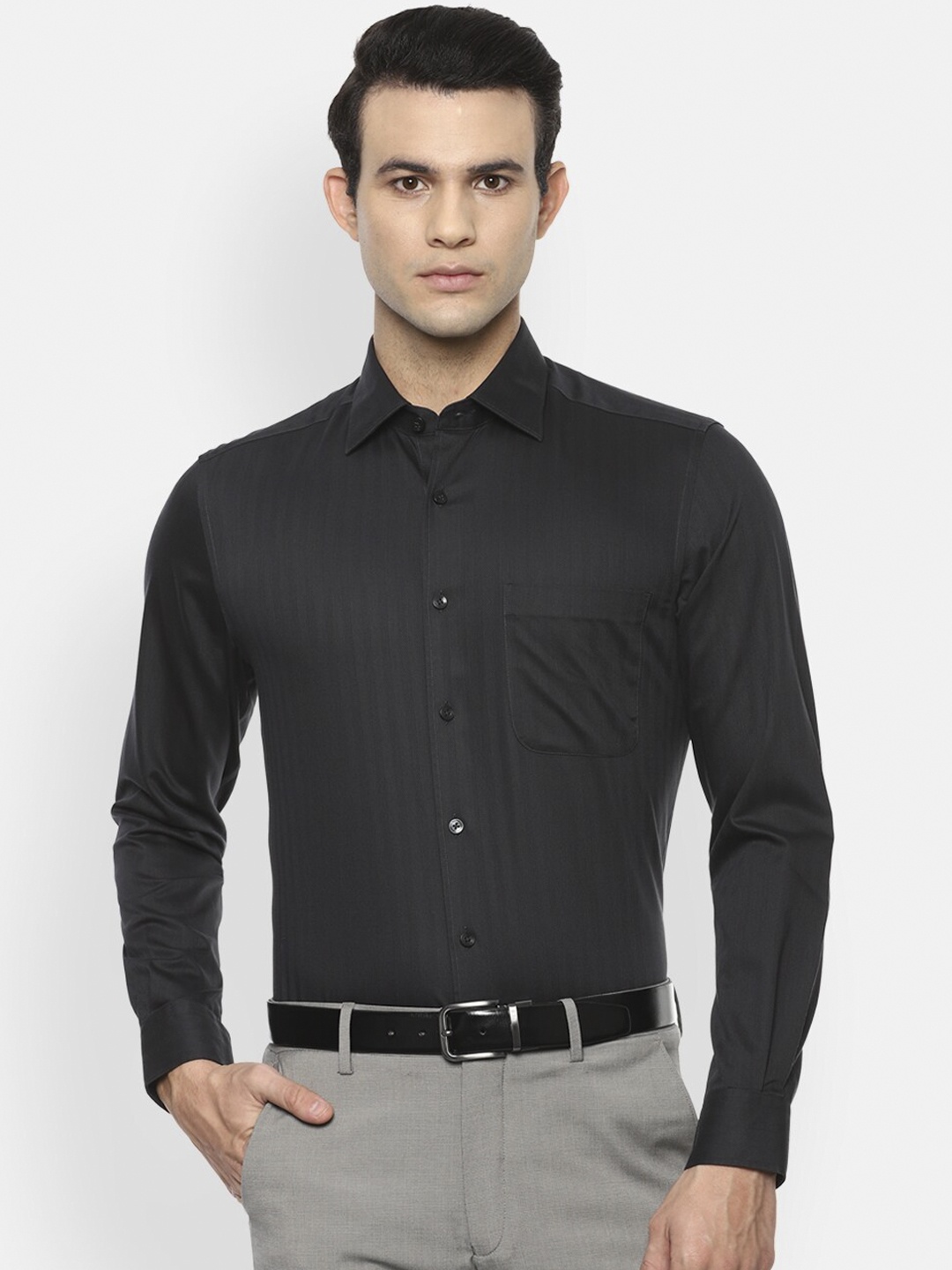

Louis Philippe Permapress Men Black Opaque Striped Pure Cotton Formal Shirt
