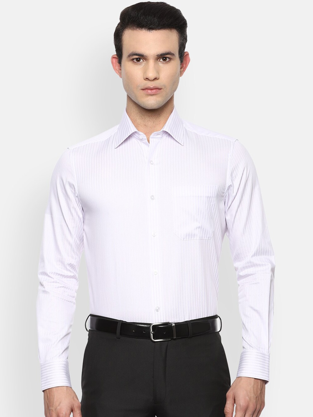 

Louis Philippe Men Purple Striped Pure Cotton Formal Shirt