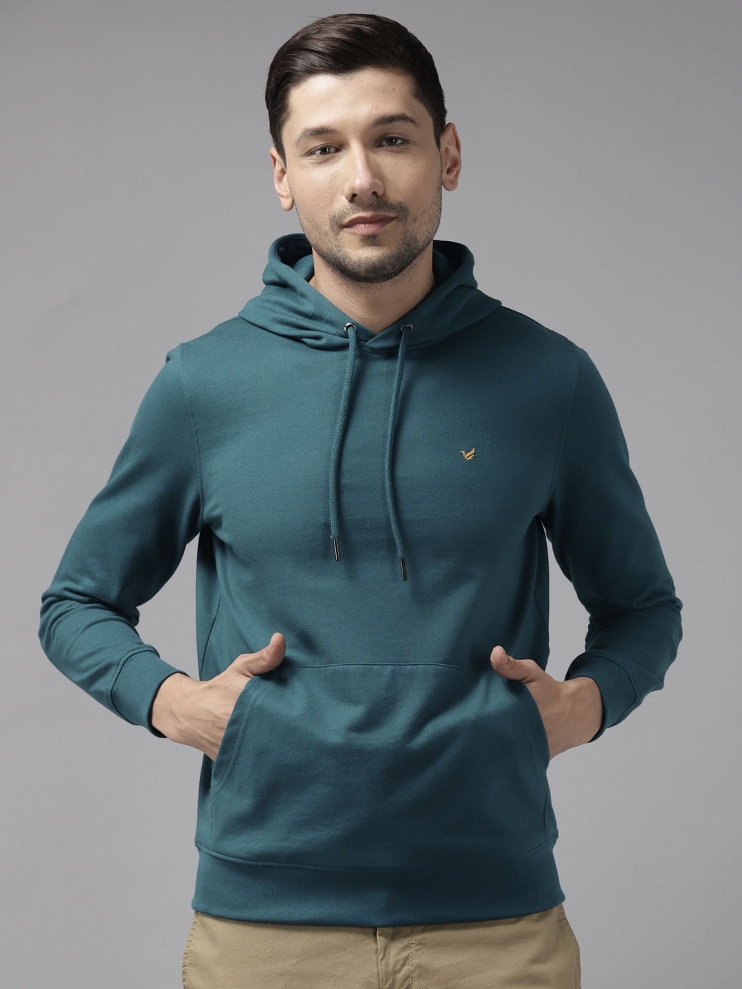 

Blackberrys Men Teal Blue Solid Hooded Sweatshirt