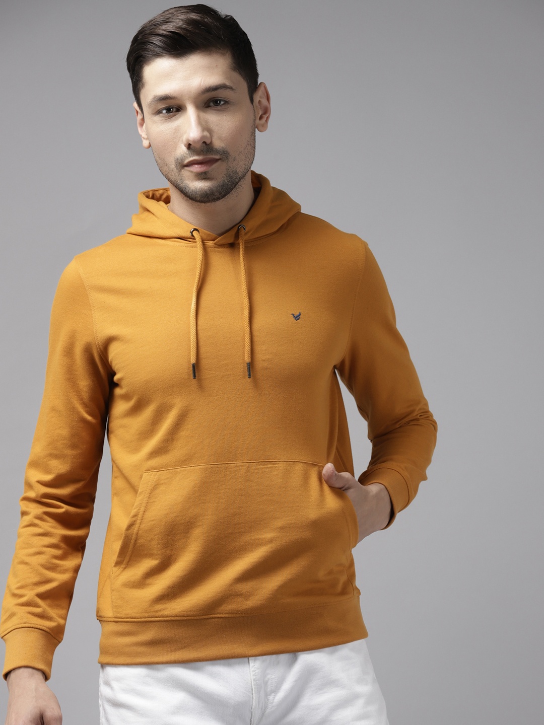 

Blackberrys Men Mustard Yellow Solid Hooded Sweatshirt