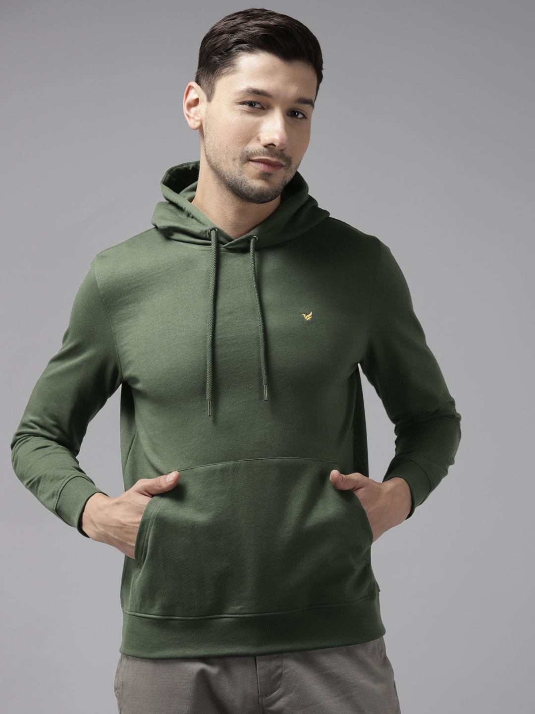 

Blackberrys Men Olive Green Solid Hooded Sweatshirt