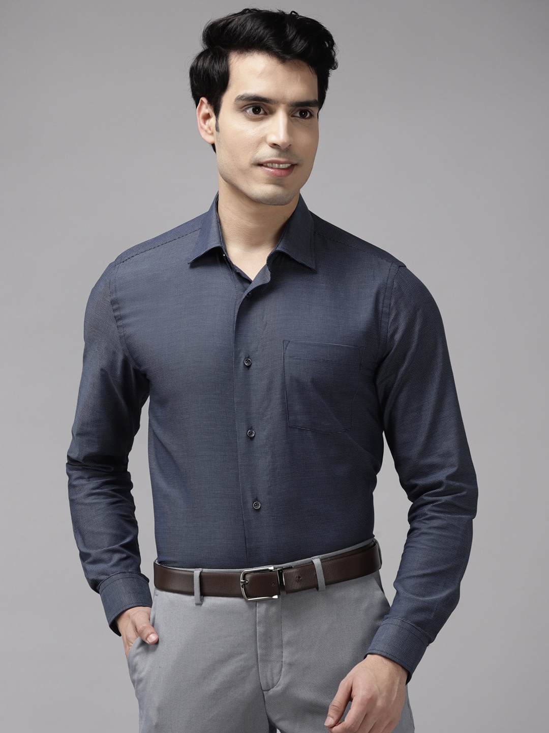 

Blackberrys Men Navy Blue Pure Cotton Self-Design India Slim Fit Formal Shirt