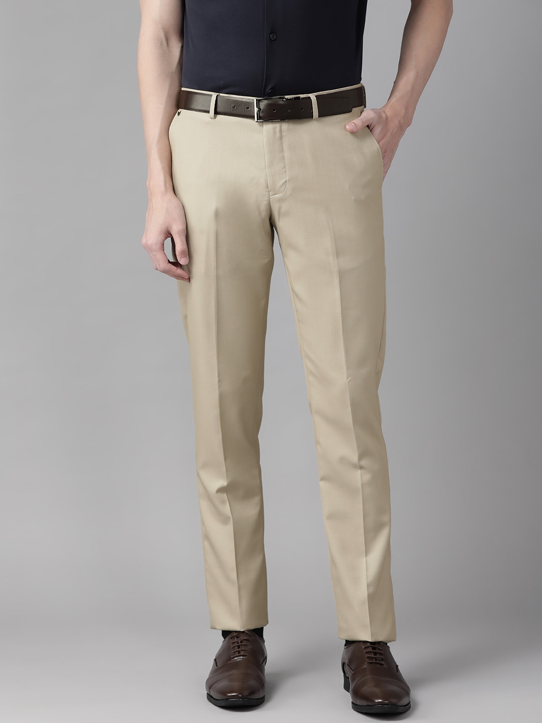 

Blackberrys Men Beige Solid B-95 Slim Fit Low-Rise Formal Trousers