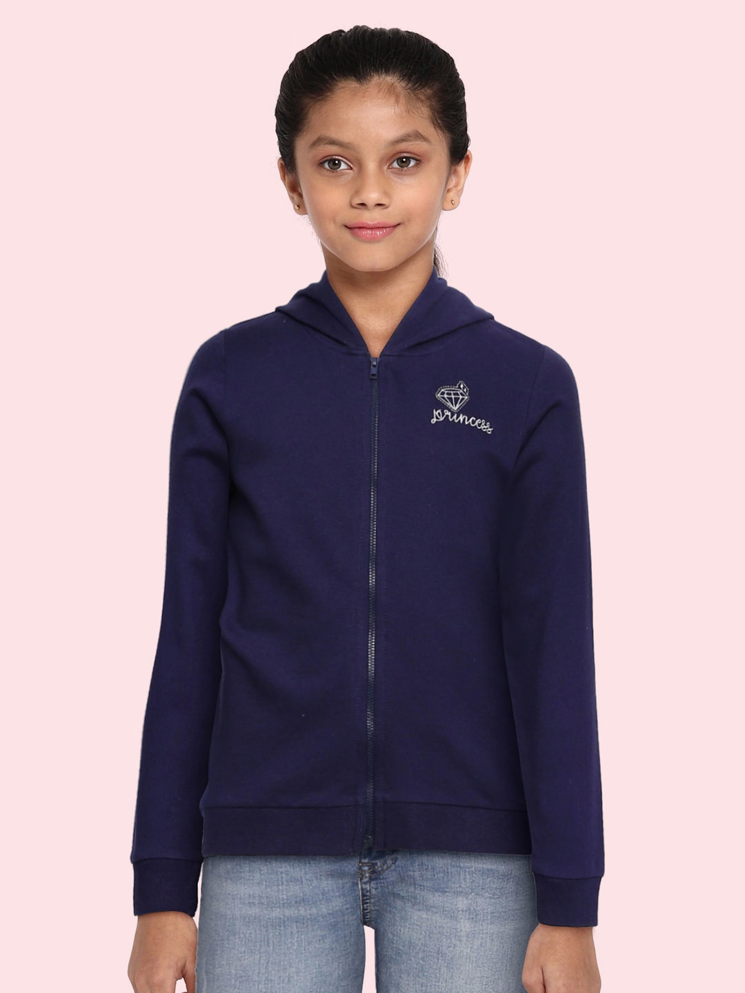 

HERE&NOW Girls Navy Blue Hooded Pure Cotton Sweatshirt