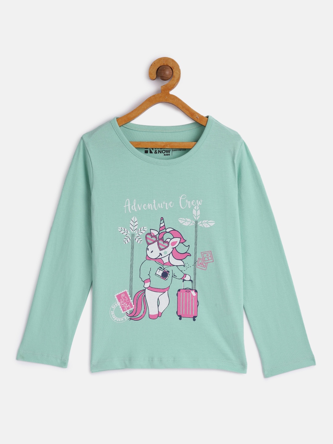 

HERE&NOW Girls Green Printed Pure Cotton T-shirt