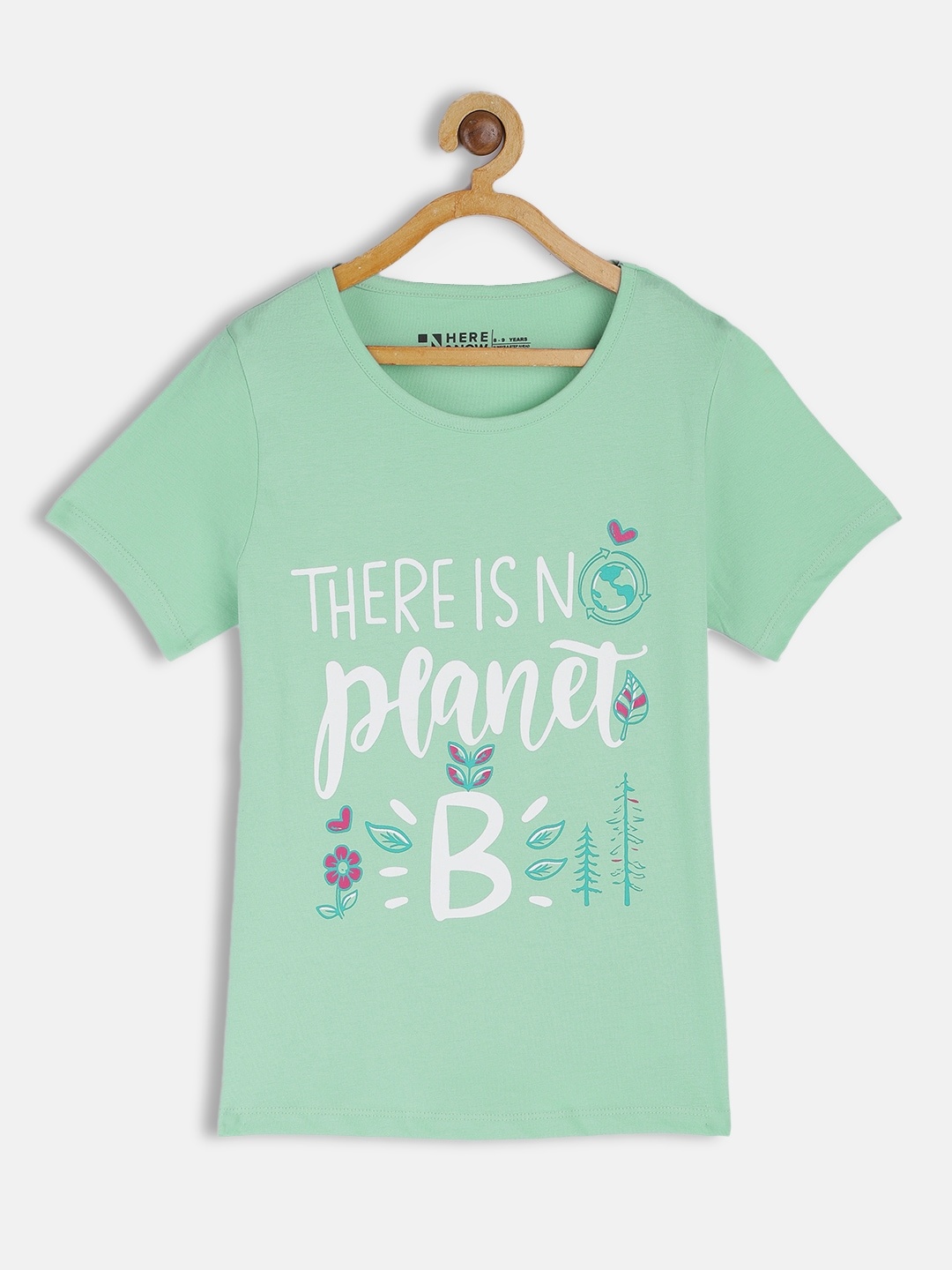 

HERE&NOW Girls Sea Green Printed Pure Cotton T-shirt