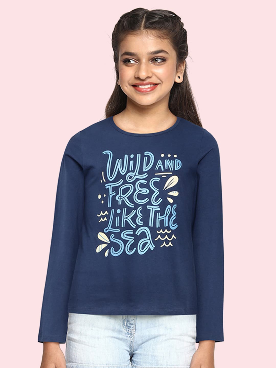 

HERE&NOW Girls Blue Printed Pure Cotton T-shirt