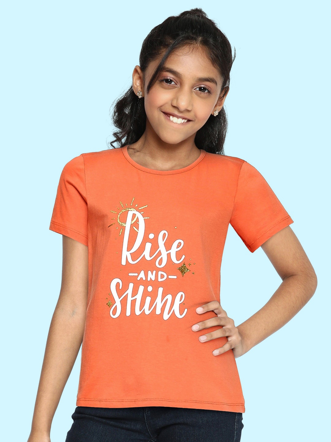

HERE&NOW Girls Orange Typography Printed Pure Cotton T-shirt