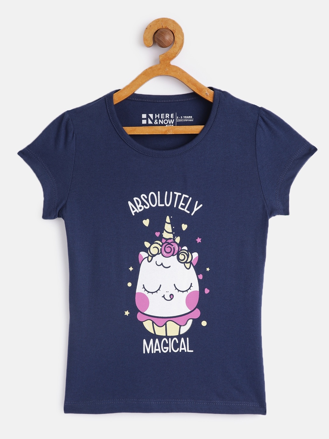 

HERE&NOW Girls Navy Blue Printed Pure Cotton T-shirt