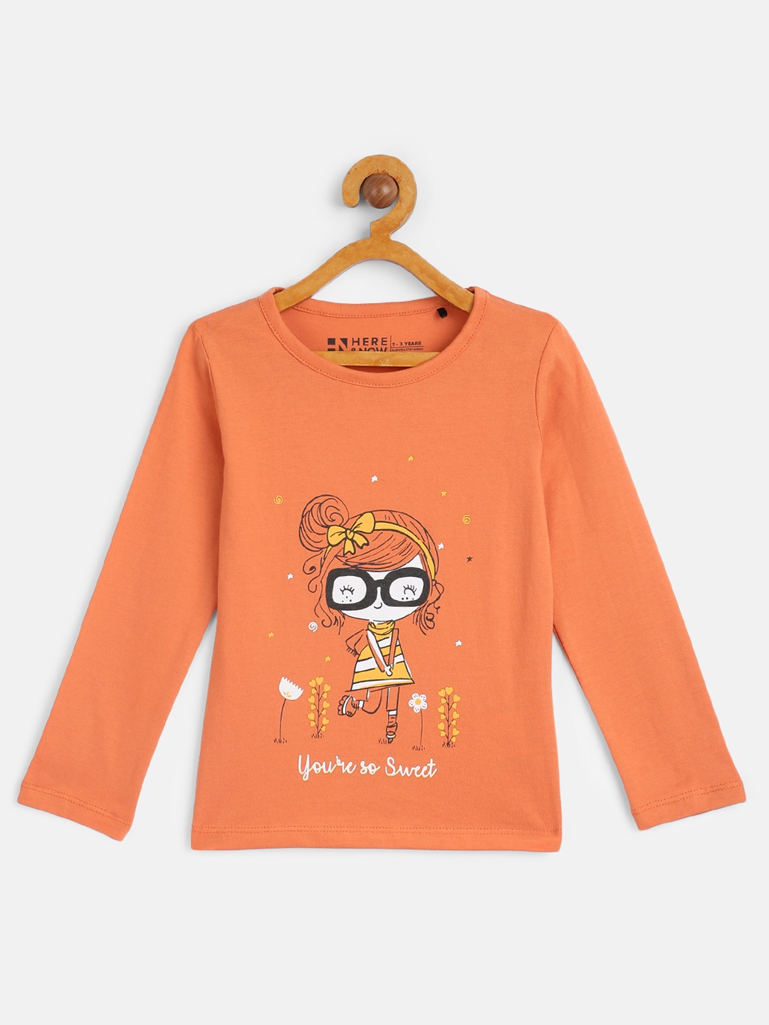

HERE&NOW Girls Brown Printed Pure Cotton T-shirt