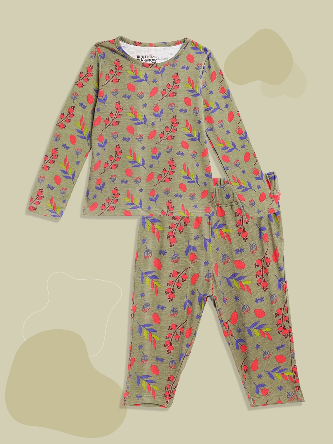 

HERE&NOW Girls Olive Green & Red Pure Cotton Floral Print Pyjamas Set