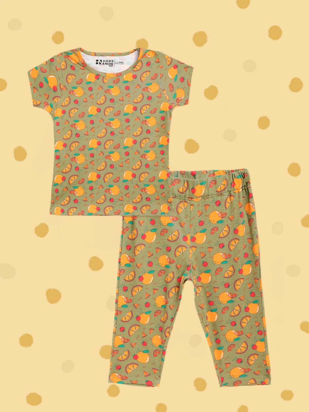 

HERE&NOW Girls Olive Green & Orange Pure Cotton Printed Pyjamas Set