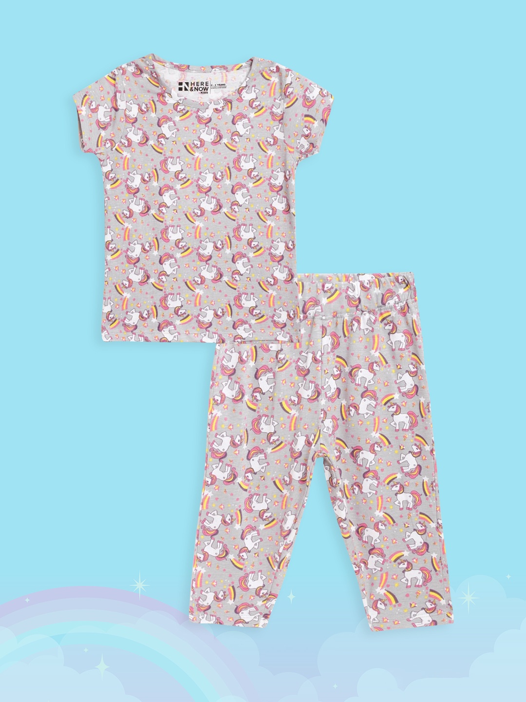 

HERE&NOW Girls Grey & White Pure Cotton Unicorn Print Pyjamas Set