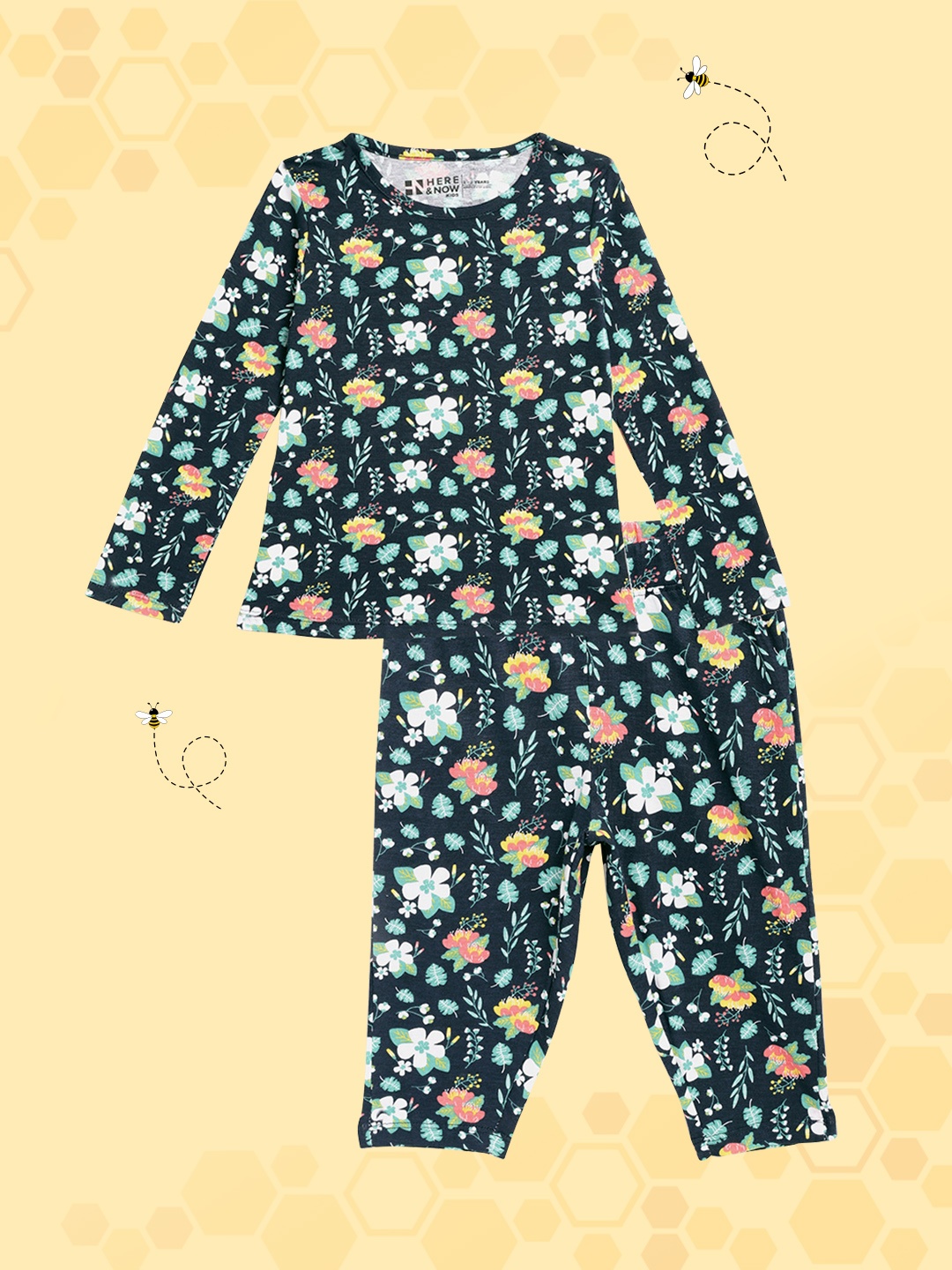 

HERE&NOW Girls Navy & Green Pure Cotton Floral Print Pyjamas Set, Navy blue