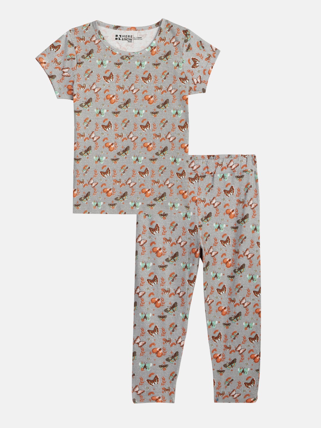 

HERE&NOW Girls Grey Printed Pure Cotton Night suit