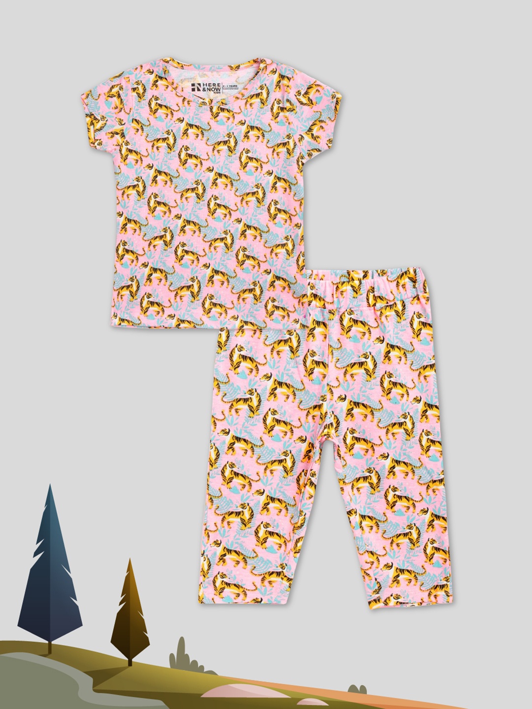 

HERE&NOW Girls Pink & Mustard Yellow Pure Cotton Tiger Print Pyjamas Set