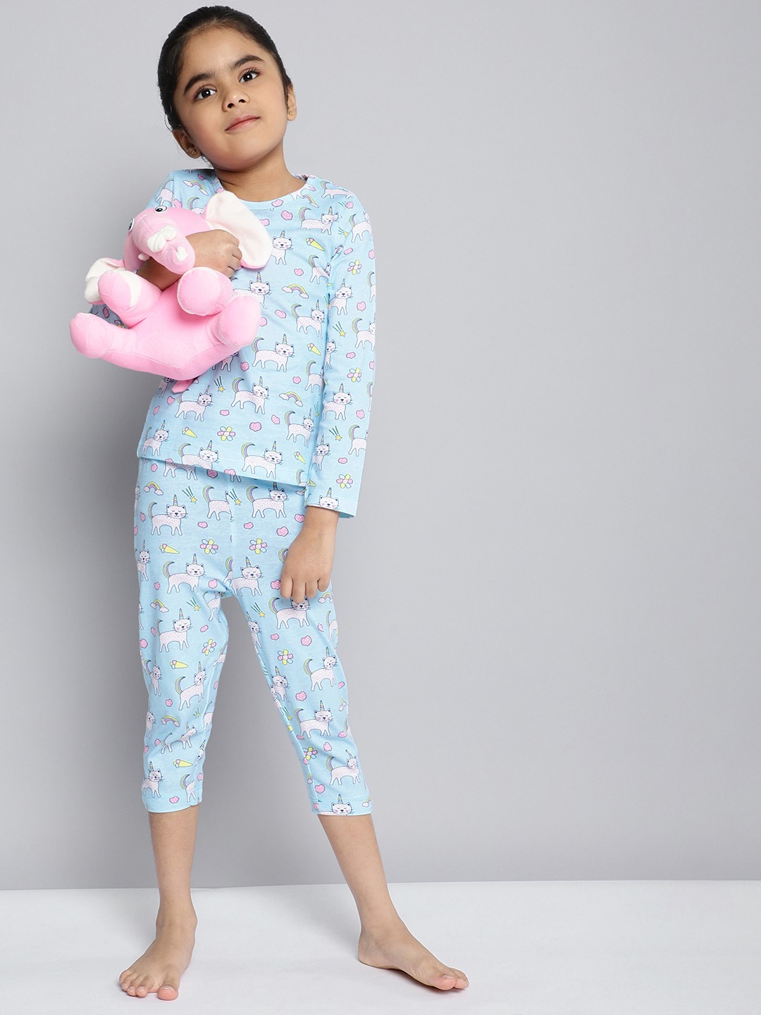 

HERE&NOW Girls Blue & White Printed Cotton Pyjama Set