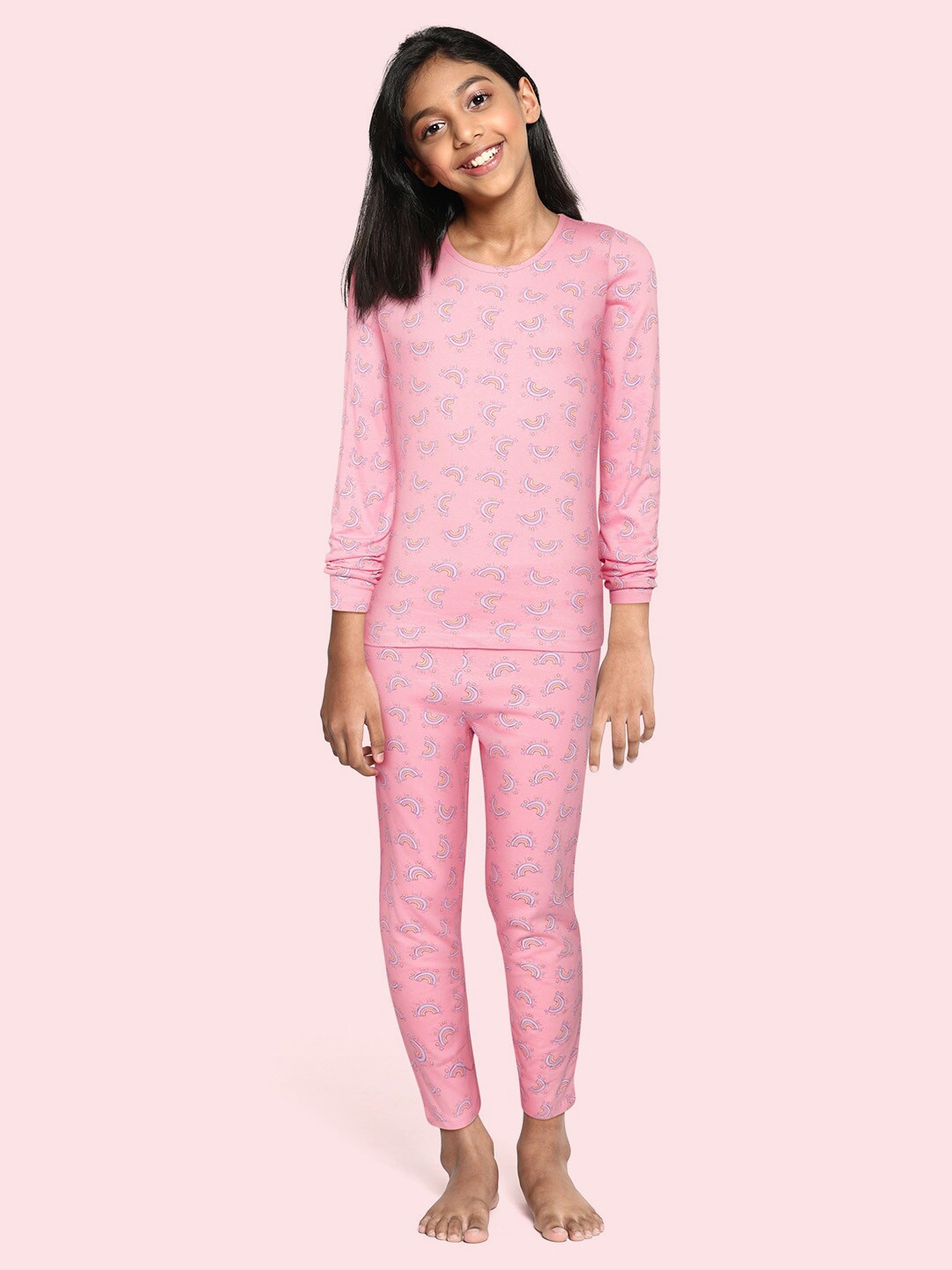 

HERE&NOW Girls Pink & Purple Conversational Printed Cotton Pyjama Set