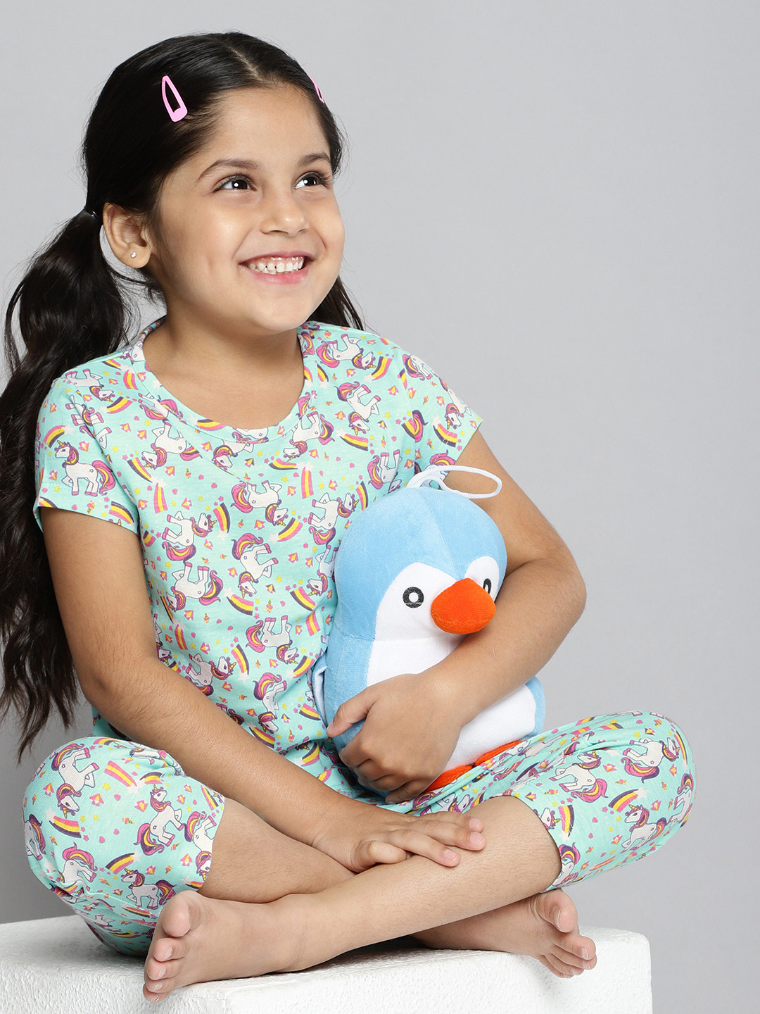 

HERE&NOW Girls Sea Green & White Pure Cotton Unicorn Print Pyjamas Set