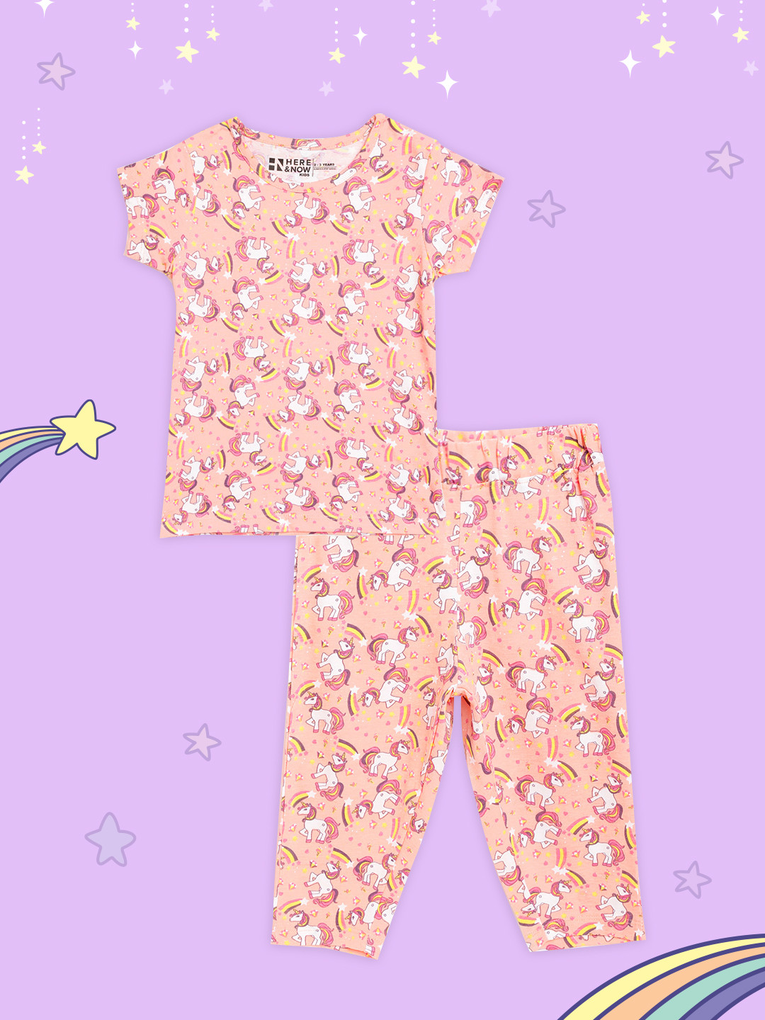 

HERE&NOW Girls Peach-Coloured & White Pure Cotton Unicorn Print Pyjamas Set