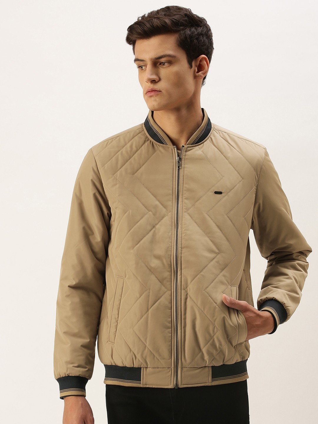 

Peter England Men Khaki Self-Design Stand-Collar Bomber Jacket