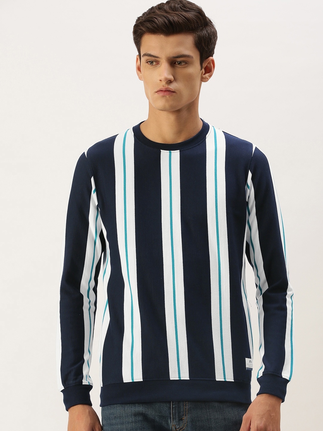 

Peter England Men Navy Blue Striped Sweatshirt