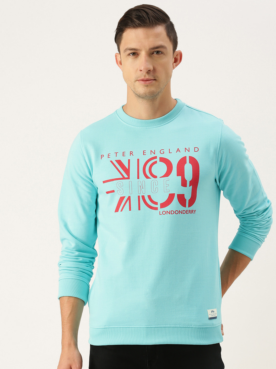 

Peter England Men Turquoise Blue Conversational Printed Sweatshirt