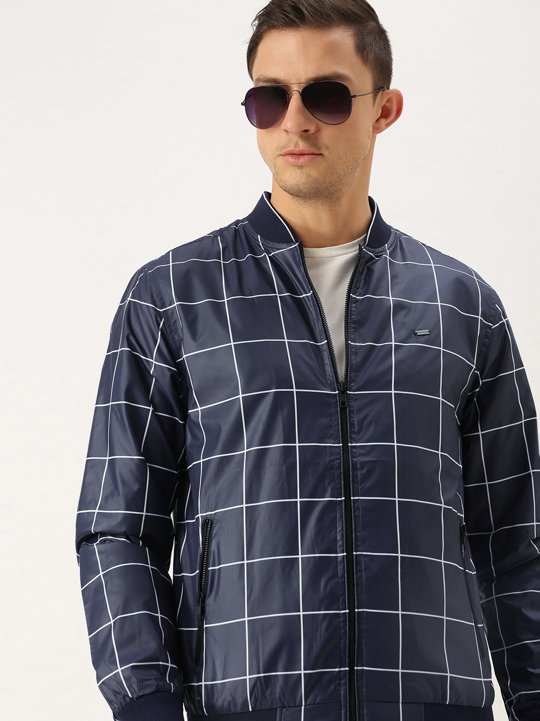 

Peter England Men Navy Blue & White Checked Bomber Jacket