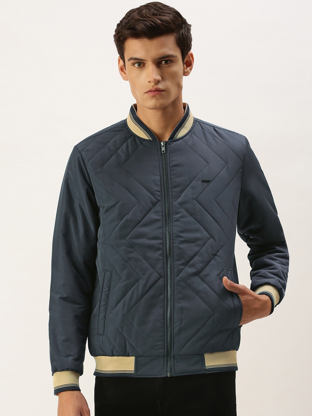 

Peter England Men Navy Blue Solid Biker Jacket