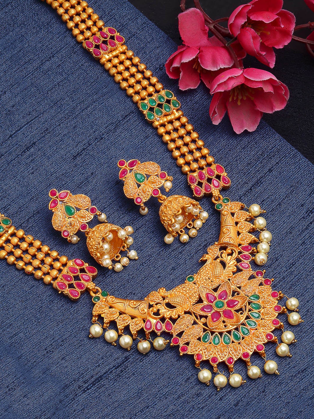 

KARATCART Pink & Green Antique Gold-Plated Long Temple Jewellery Set