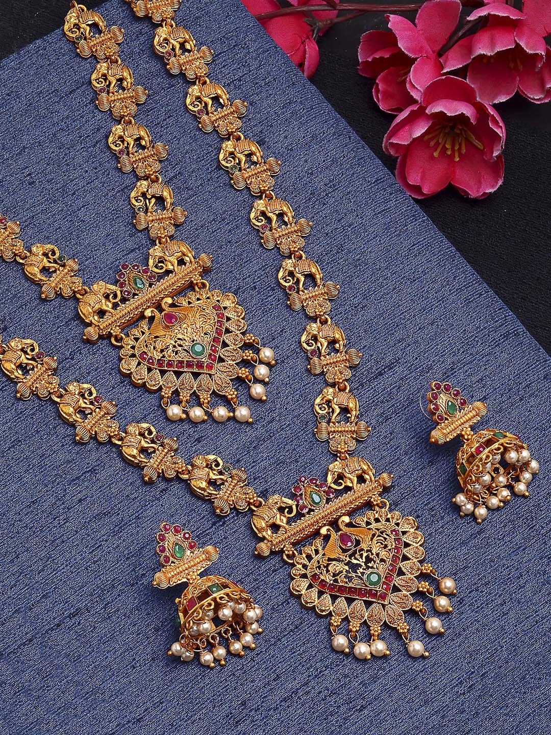 

KARATCART Gold-Plated & Pink Handcrafted Stone-Studded Jewellery Set
