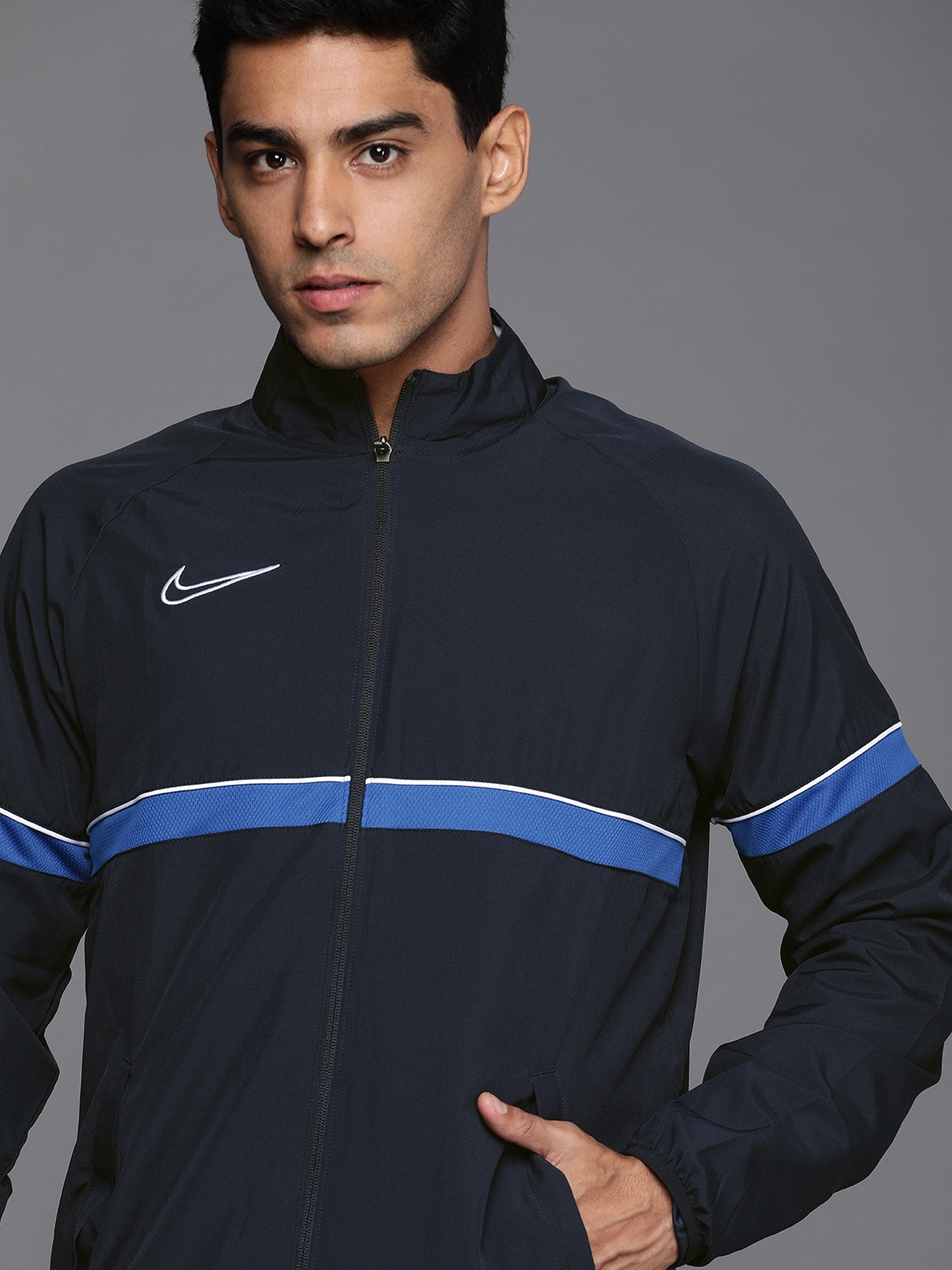 

Nike Men Navy Blue Striped Dri-FIT Academy Soccer Track Sporty Jacket