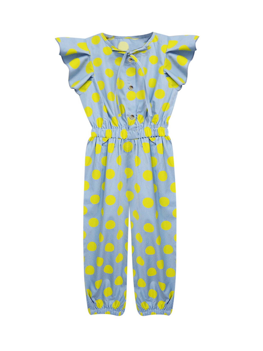 

A T U N Girls Blue & Yellow Printed Basic Jumpsuit With Ruffles