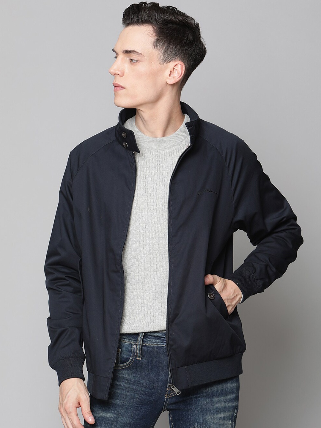 

BEN SHERMAN Men Navy Blue Pure Cotton Bomber Jacket