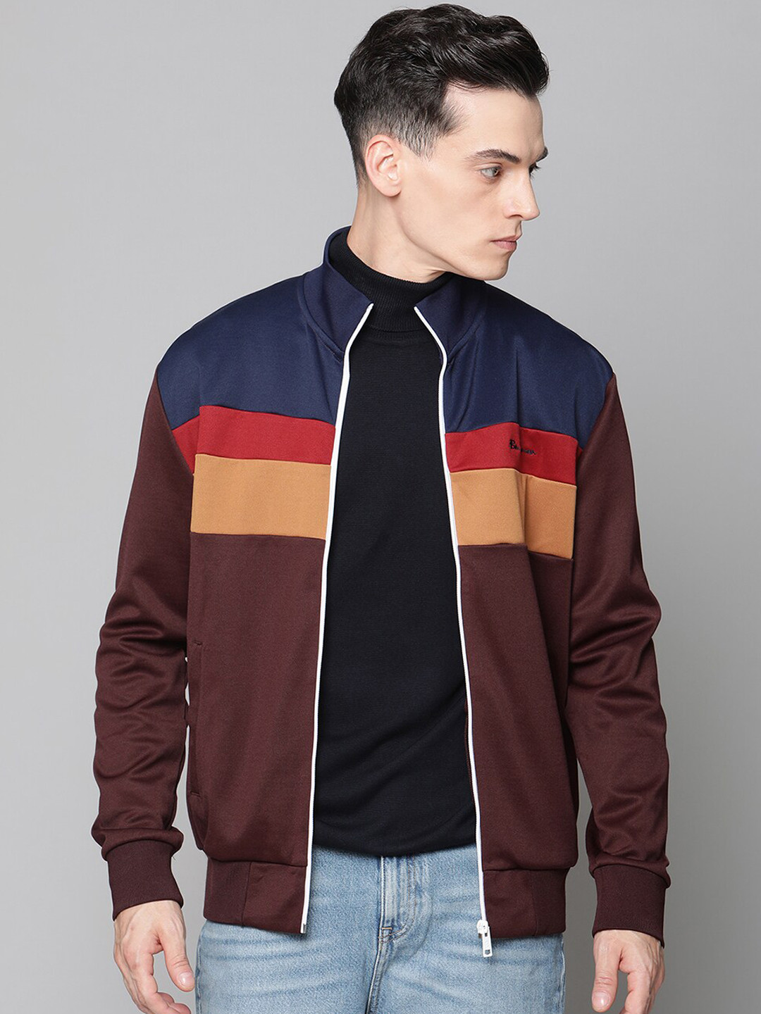 

BEN SHERMAN Men Maroon & Blue Colourblocked Sweatshirt