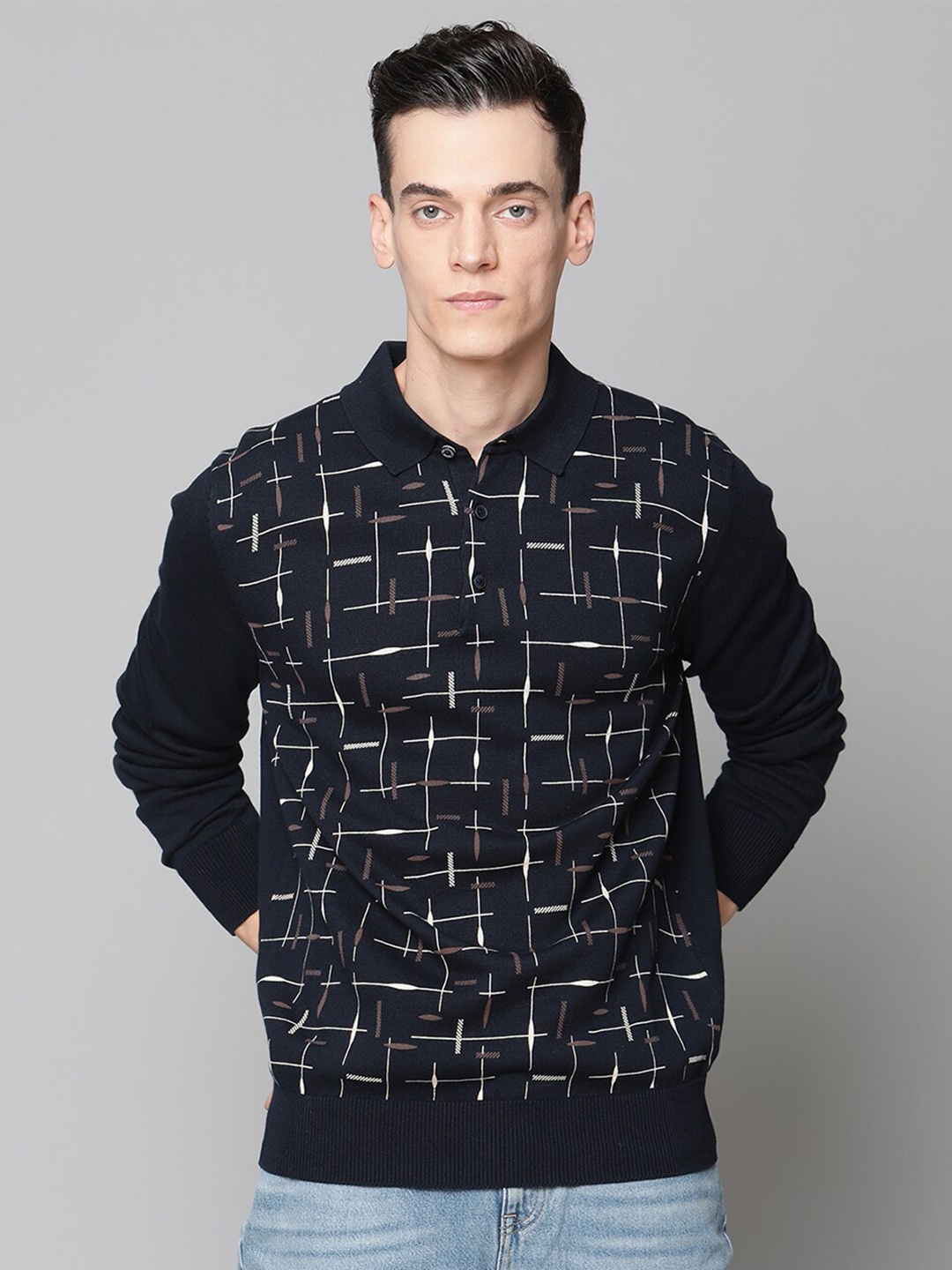 

BEN SHERMAN Men Navy Blue & White Printed Polo Collar T-shirt