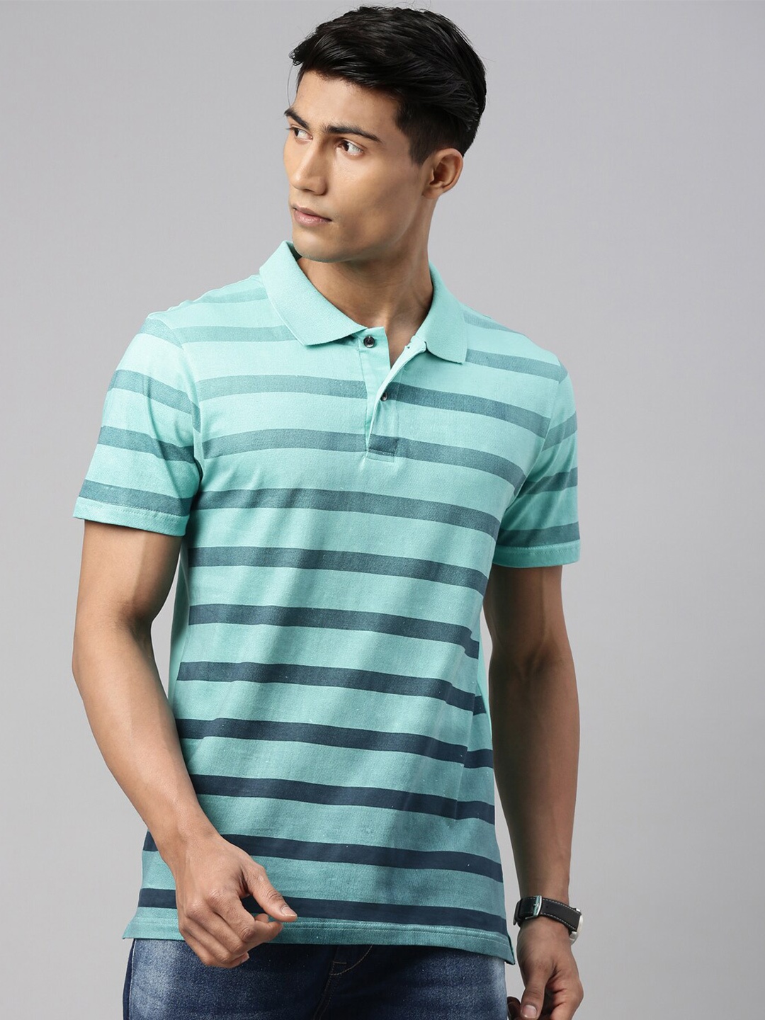 

Kryptic Men Green & Blue Striped Polo Collar T-shirt