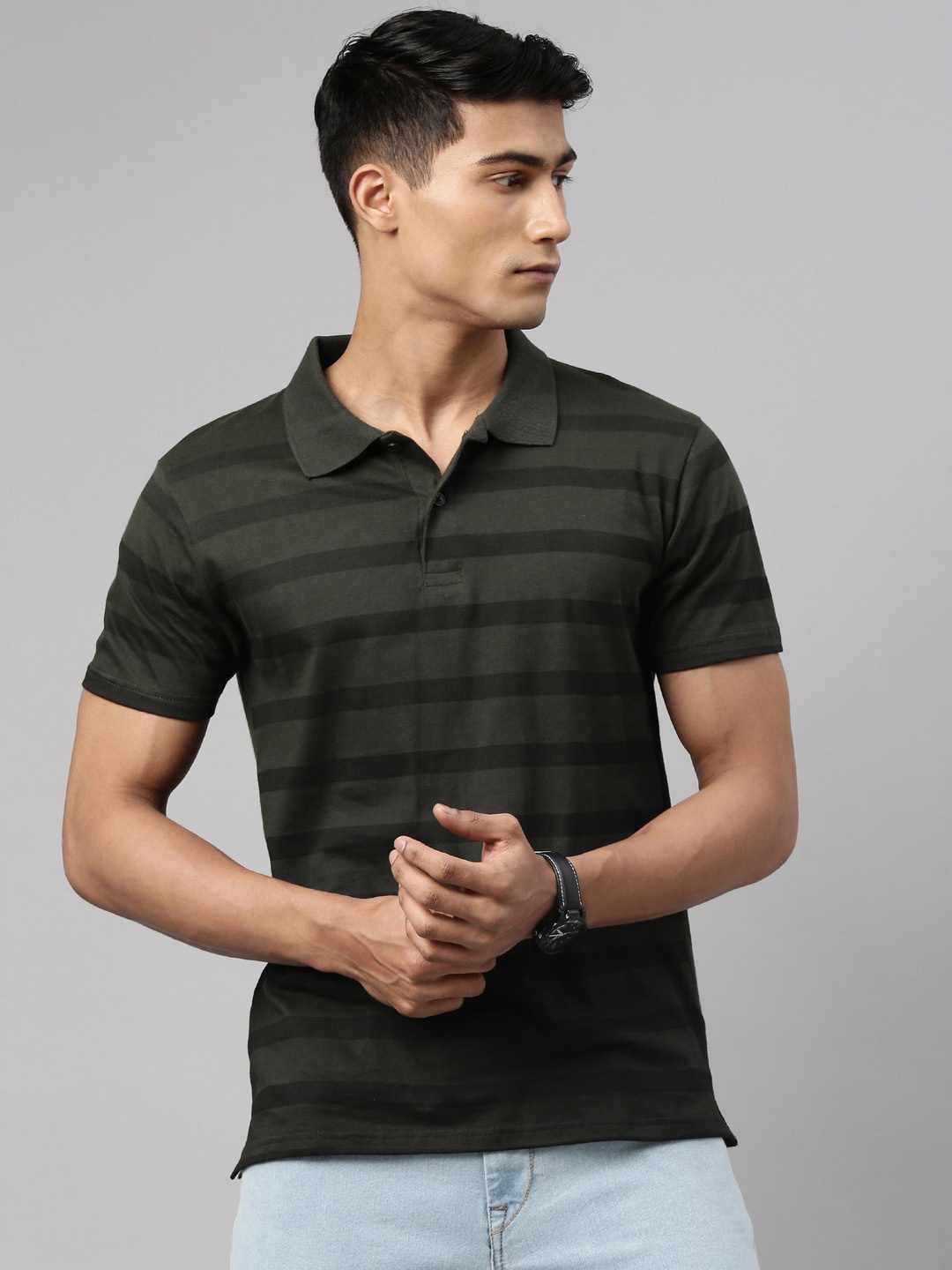 

Kryptic Men Printed Polo Collar Pure Cotton T-shirt, Olive