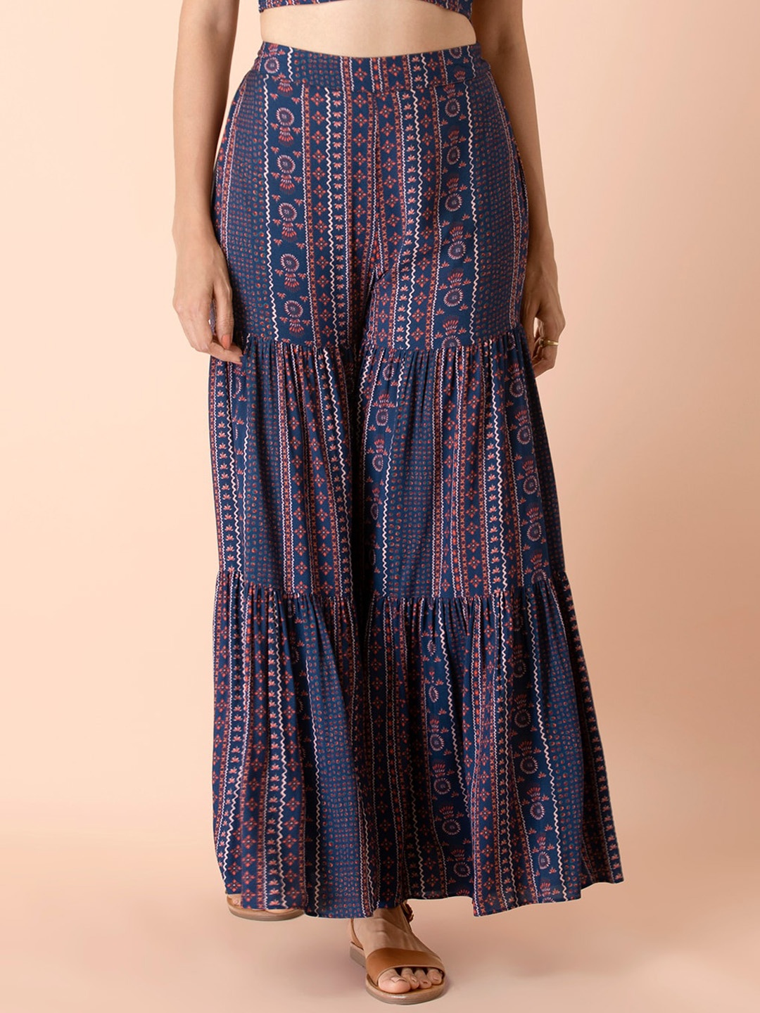 

INDYA Women Blue & Pink Ethnic Motifs Printed Tiered Sharara Pants