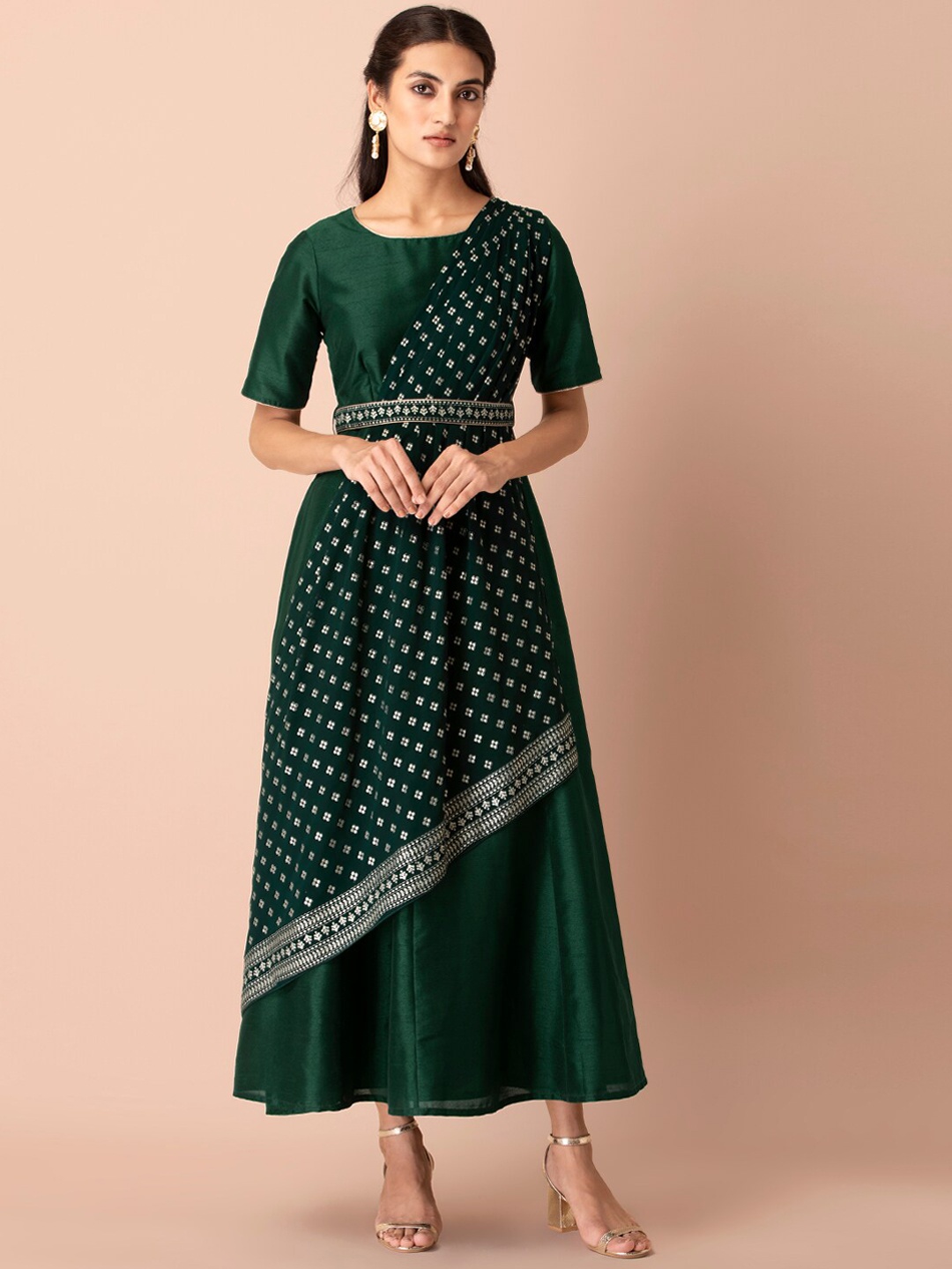 

INDYA Women Green & White Belted Maxi Dress with Attached Dupatta