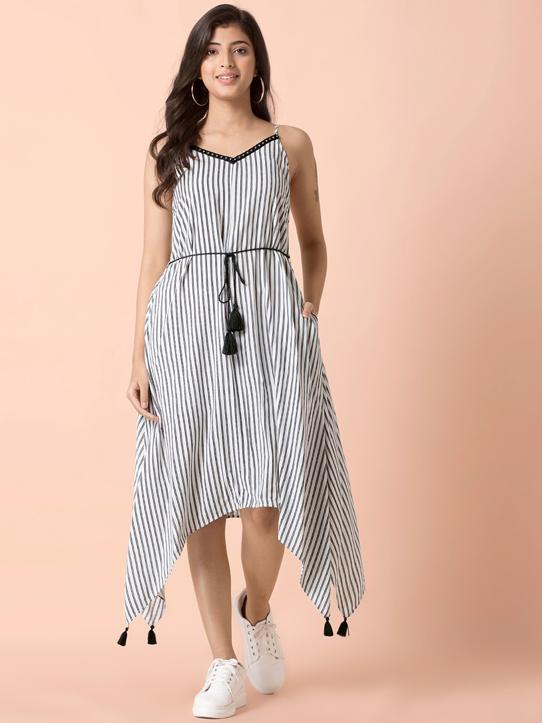 

INDYA Women White & Black Striped Belted Midi Dress