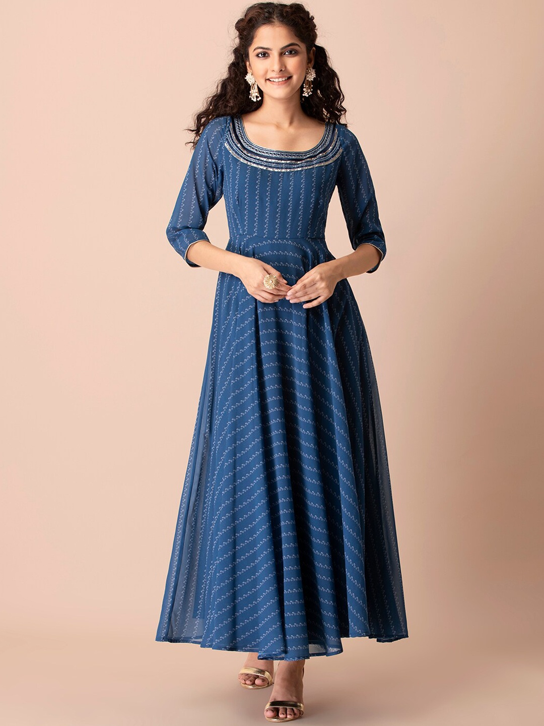 

INDYA Blue Checked Ethnic Maxi Dress