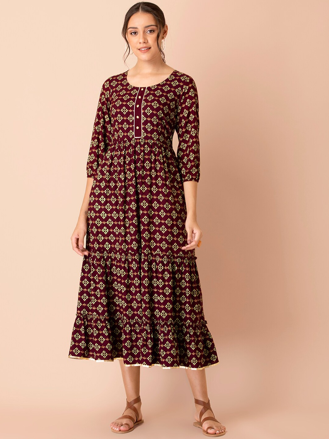 

INDYA Maroon Floral Ethnic Midi Dress