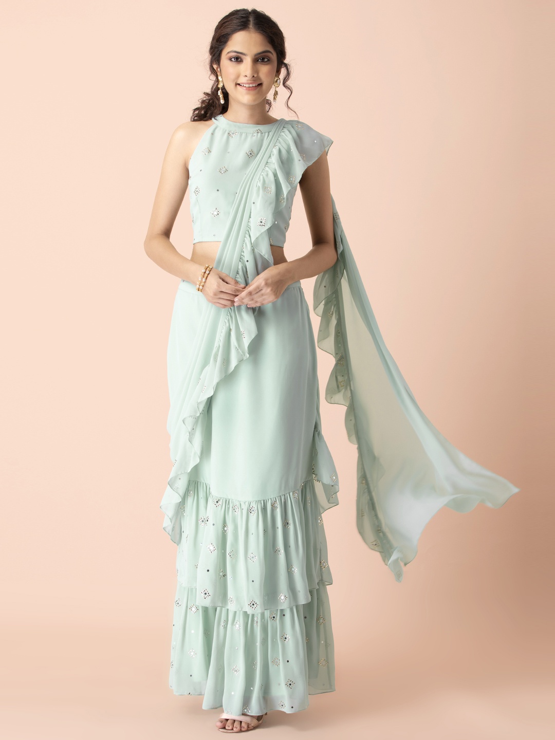 

INDYA Shraddha Kapoor Green & Silver-Toned Embellished Foam Foil Ruffled Sari Skirt