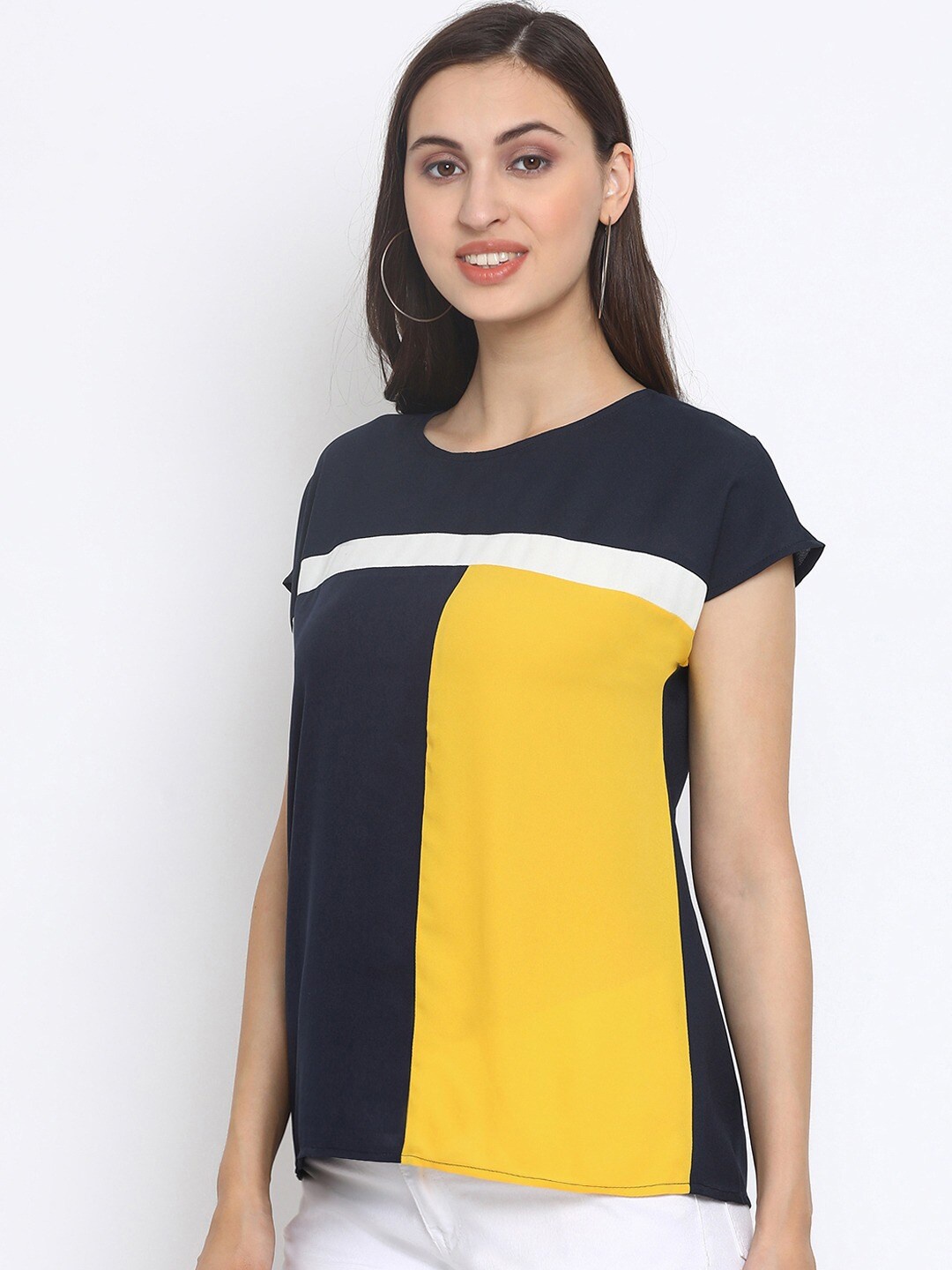 

SQew Navy Blue & Yellow Colourblocked Extended Sleeves Regular Top